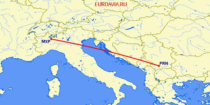 перелет Милан — Приштина на карте