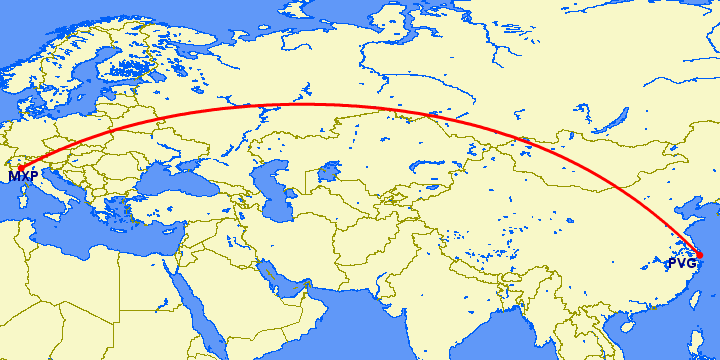 перелет Милан — Шанхай на карте