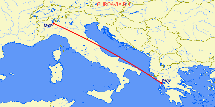 перелет Милан — Превеза Лефка на карте