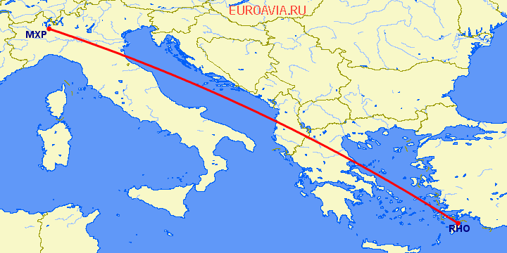 перелет Милан — Родос на карте