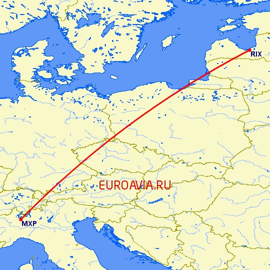 перелет Милан — Рига на карте