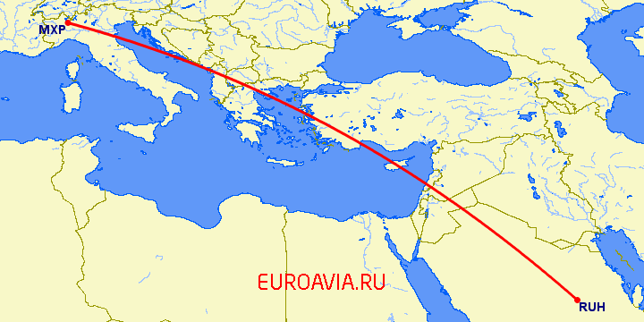 перелет Милан — Эр Рияд на карте