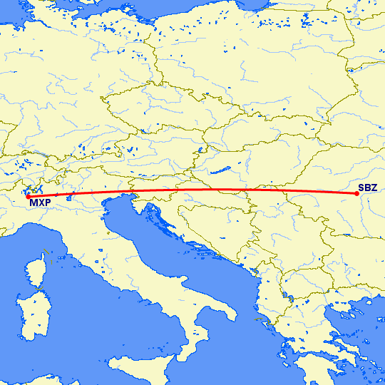 перелет Милан — Сибиу на карте