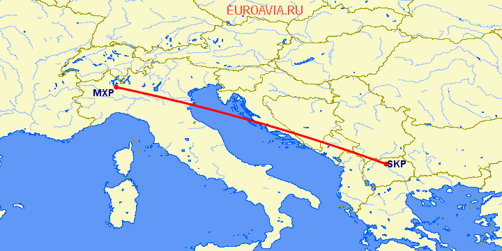 перелет Милан — Скопье на карте