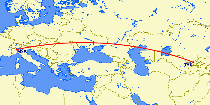 перелет Милан — Ташкент на карте