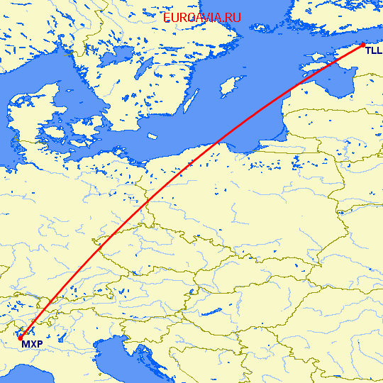 перелет Милан — Таллин на карте