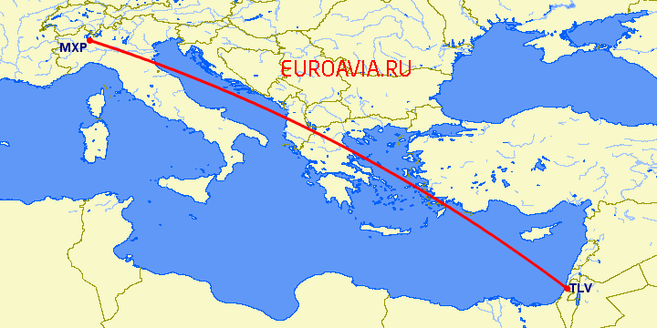 перелет Милан — Тель Авив на карте