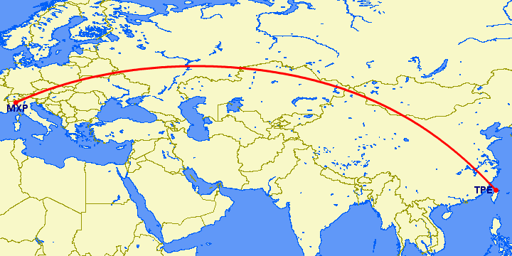 перелет Милан — Тайбэй на карте