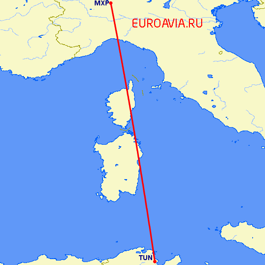 перелет Милан — Тунис на карте