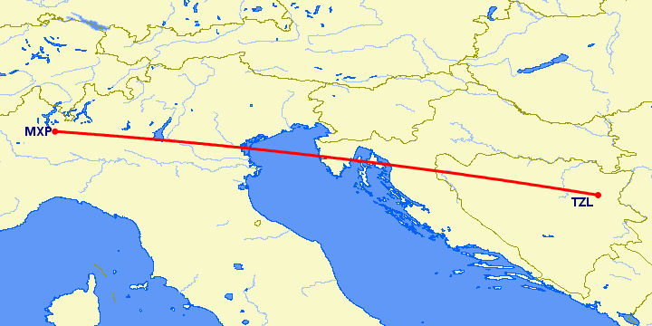 перелет Милан — Тузла на карте