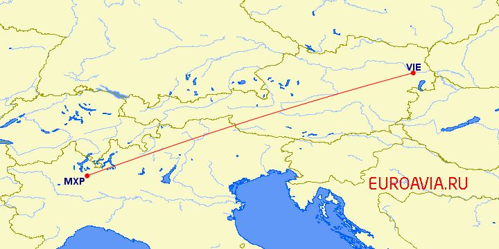 перелет Милан — Вена на карте