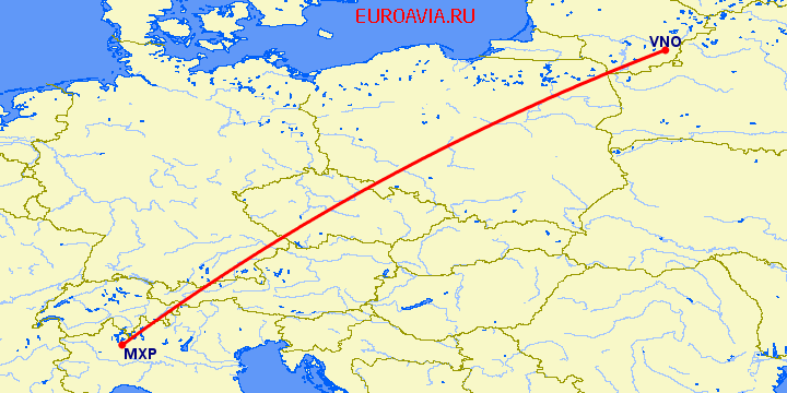перелет Милан — Вильнюс на карте
