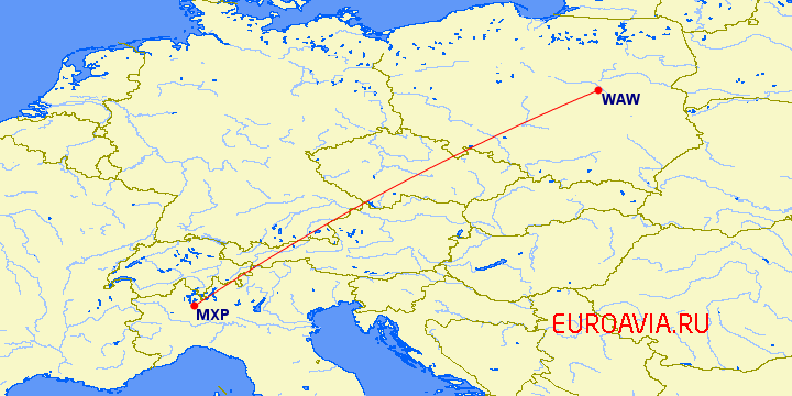 перелет Милан — Варшава на карте