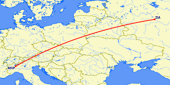 перелет Милан — Москва на карте