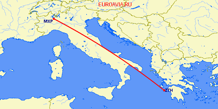 перелет Милан — Закинтос на карте