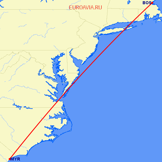 перелет Миртл Бич — Бостон на карте