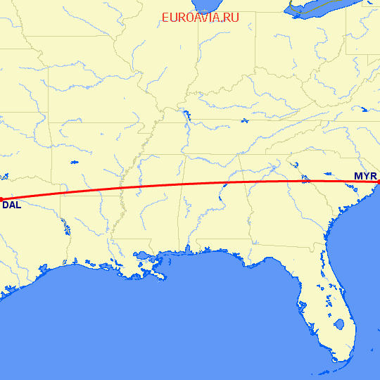 перелет Миртл Бич — Даллас на карте