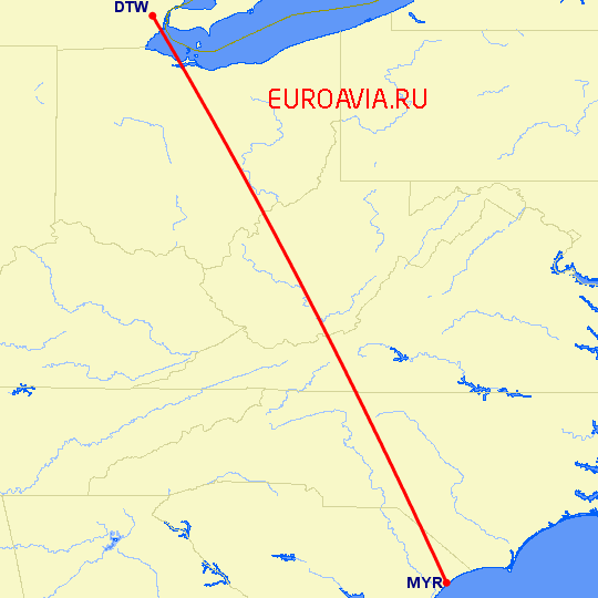 перелет Миртл Бич — Детройт на карте