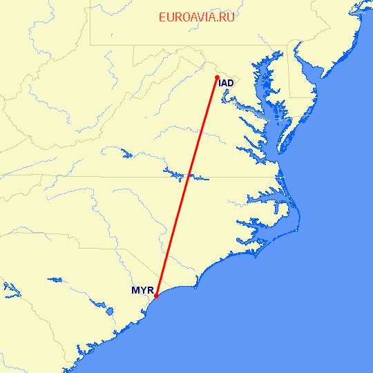 перелет Миртл Бич — Вашингтон на карте