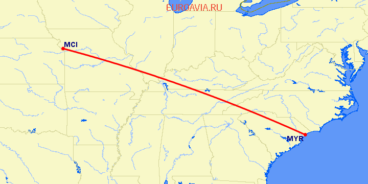 перелет Миртл Бич — Канзас Сити на карте