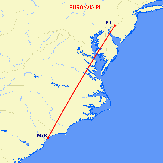 перелет Миртл Бич — Филадельфия на карте