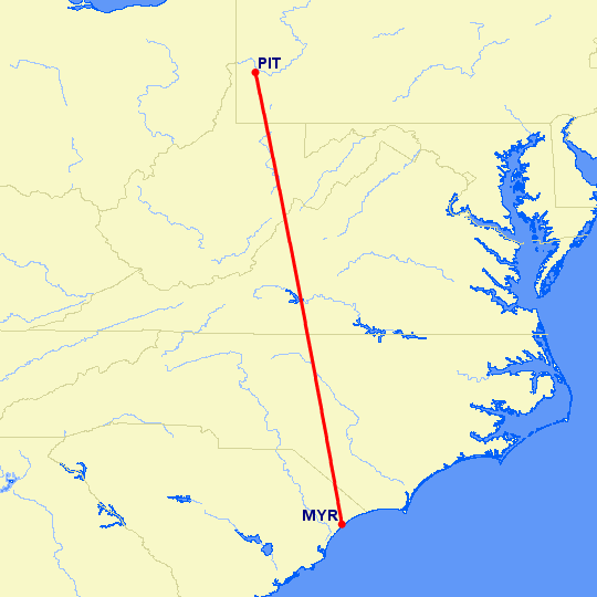 перелет Миртл Бич — Питтсбург на карте