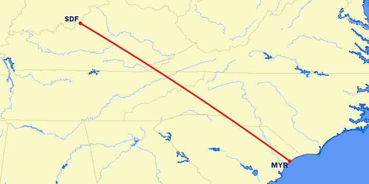 перелет Миртл Бич — Луисвилл на карте