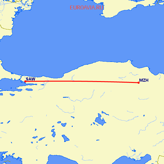 перелет Мерзифон — Стамбул на карте
