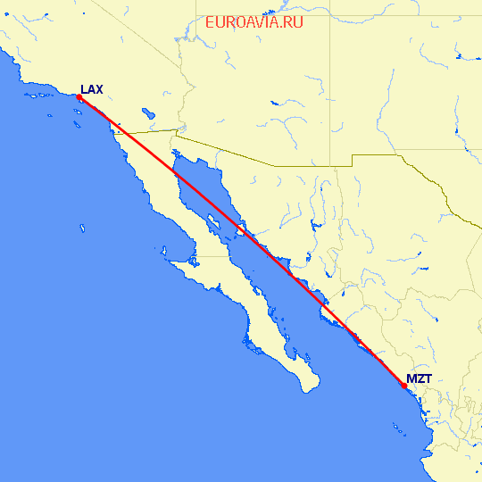 перелет Мазатлан — Лос Анджелес на карте
