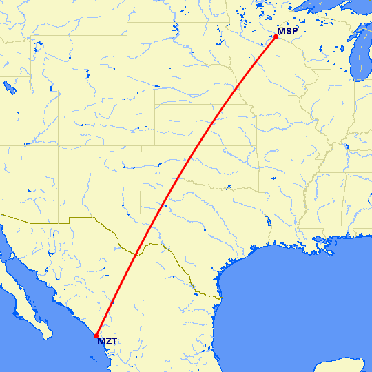 перелет Мазатлан — Миннеаполис на карте