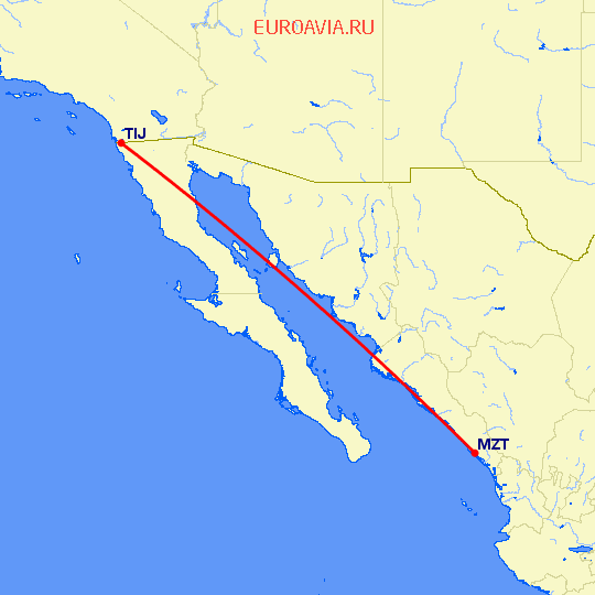 перелет Мазатлан — Тихуана на карте