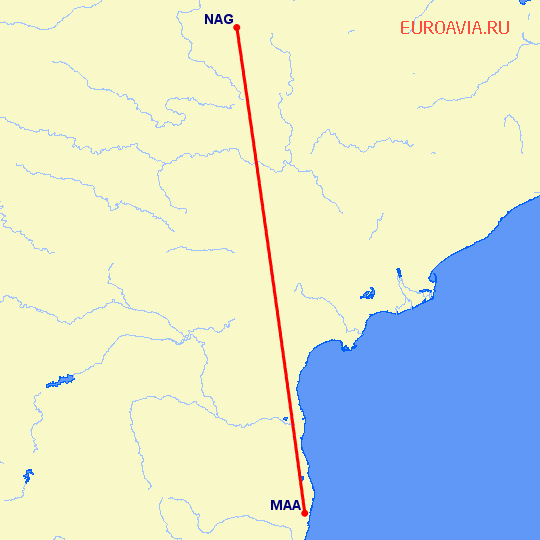 перелет Нагпур — Мадрас Ченнай на карте