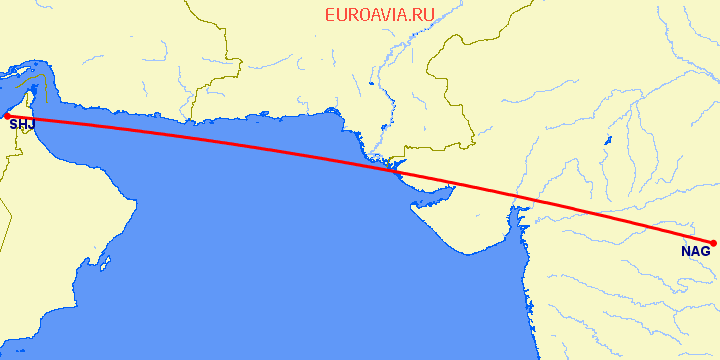 перелет Нагпур — Шарджа на карте