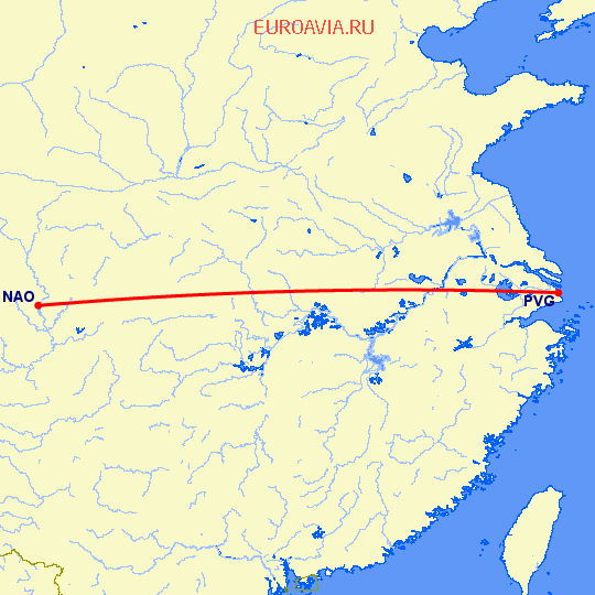 перелет Наньчон — Шанхай на карте