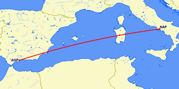 перелет Неаполь — Малага на карте