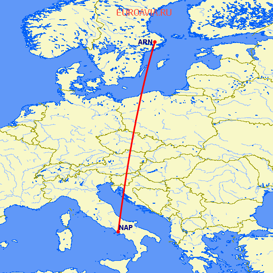 перелет Неаполь — Стокгольм на карте