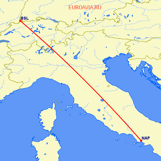 перелет Неаполь — Базель-Мюлуз на карте
