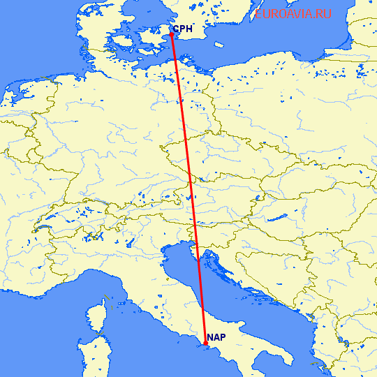 перелет Неаполь — Копенгаген на карте