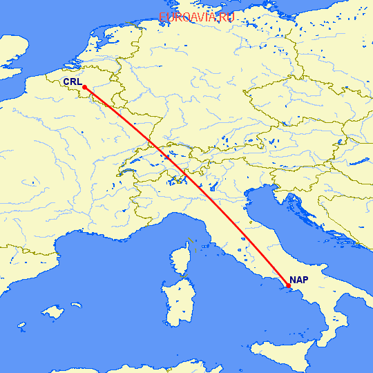 перелет Неаполь — Шарлеруа на карте