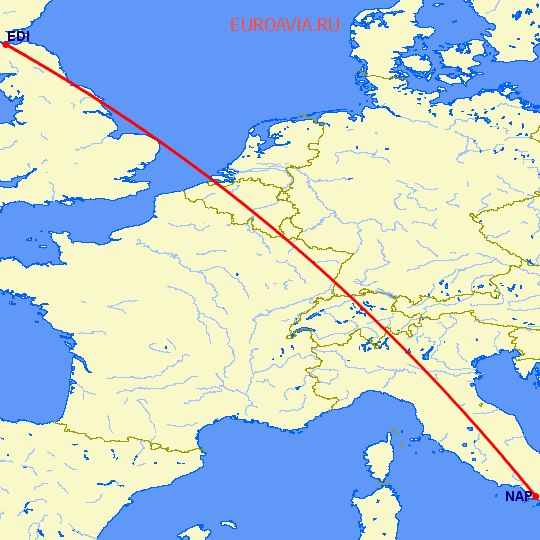 перелет Неаполь — Эдинбург на карте