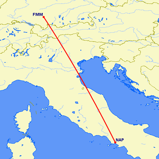 перелет Неаполь — Мемминген на карте