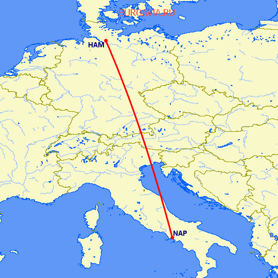 перелет Неаполь — Гамбург на карте