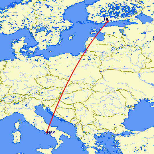 перелет Неаполь — Хельсинки на карте