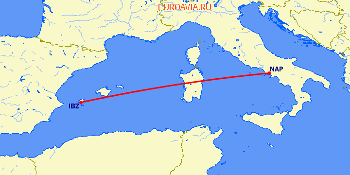 перелет Неаполь — Ибица на карте