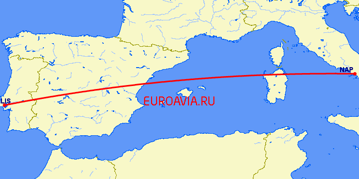 перелет Неаполь — Лиссабон на карте