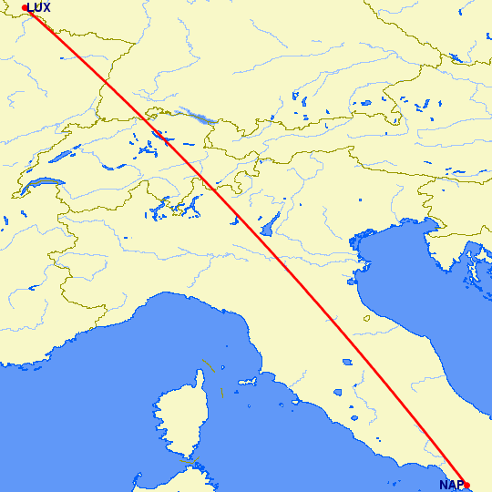 перелет Неаполь — Люксембург на карте