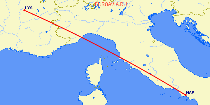 перелет Неаполь — Лион на карте