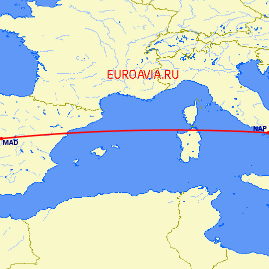 перелет Неаполь — Мадрид на карте