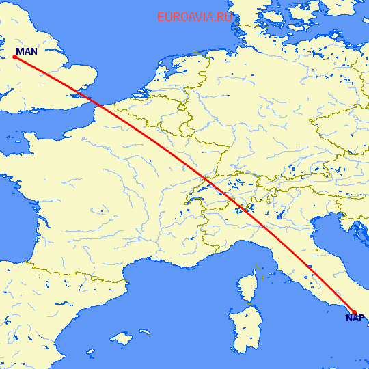 перелет Неаполь — Манчестер на карте