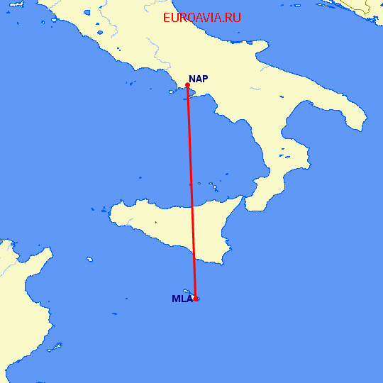 перелет Неаполь — Мальта на карте